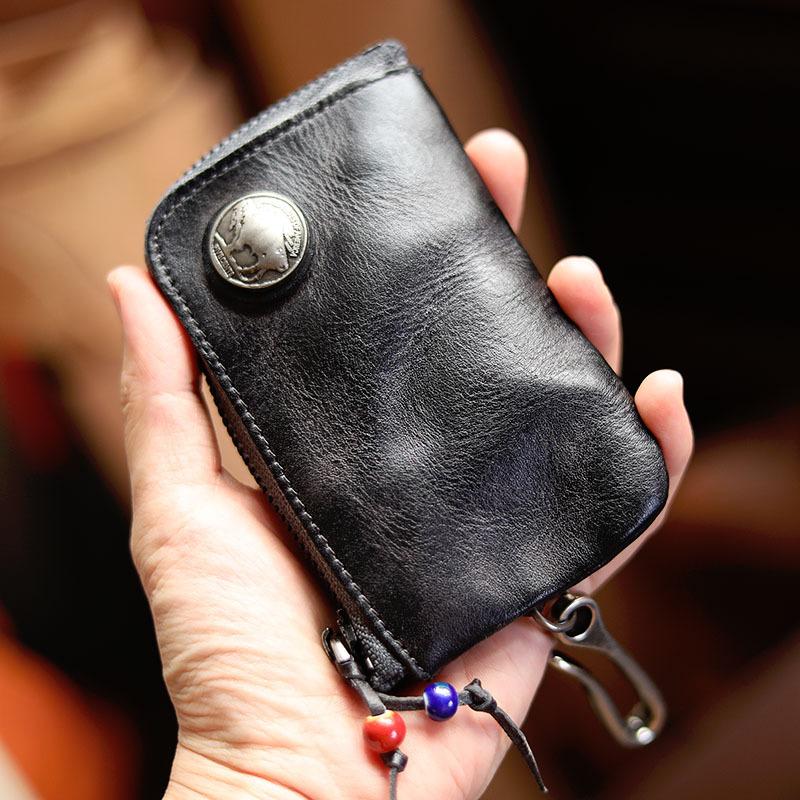 Cool Black Leather Mens Charcoal Key Wallet Coin Purse Front Pocket Wallets For Men