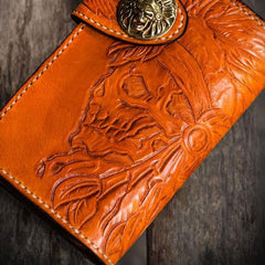 Handmade Leather Tooled Skull Indian Chief Biker Wallet Mens Cool Short Chain Wallet Trucker Wallet with Chain