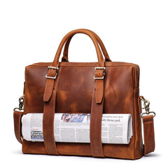 Brown Leather Mens 15 inches Simple Laptop Work Bag Handbag Briefcase Shoulder Bags Business Bags For Men
