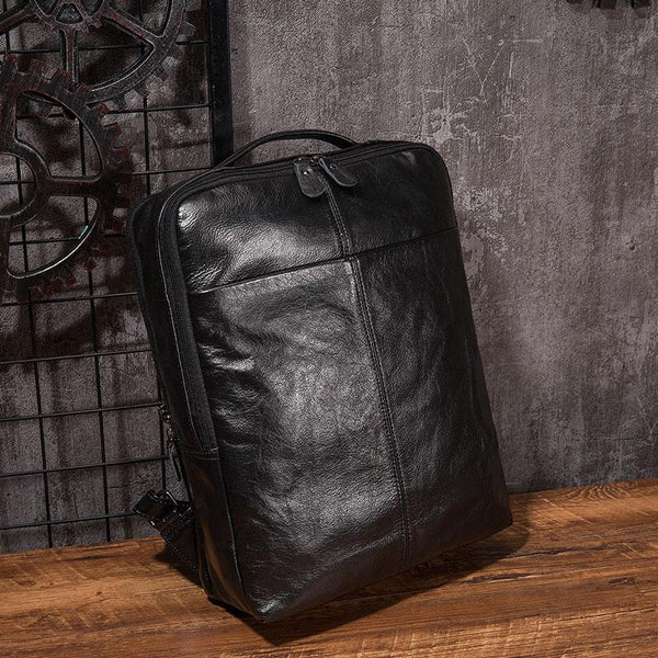Black Cool Mens Leather Backpack Travel Backpack Leather 15inch Laptop Backpack for Men - imessengerbags