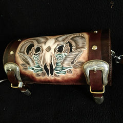 Cool Handmade RAM Skull Tooled Leather Mens Biker Saddle Bag Biker Barrel Side Bag Messenger Bag For Men - imessengerbags
