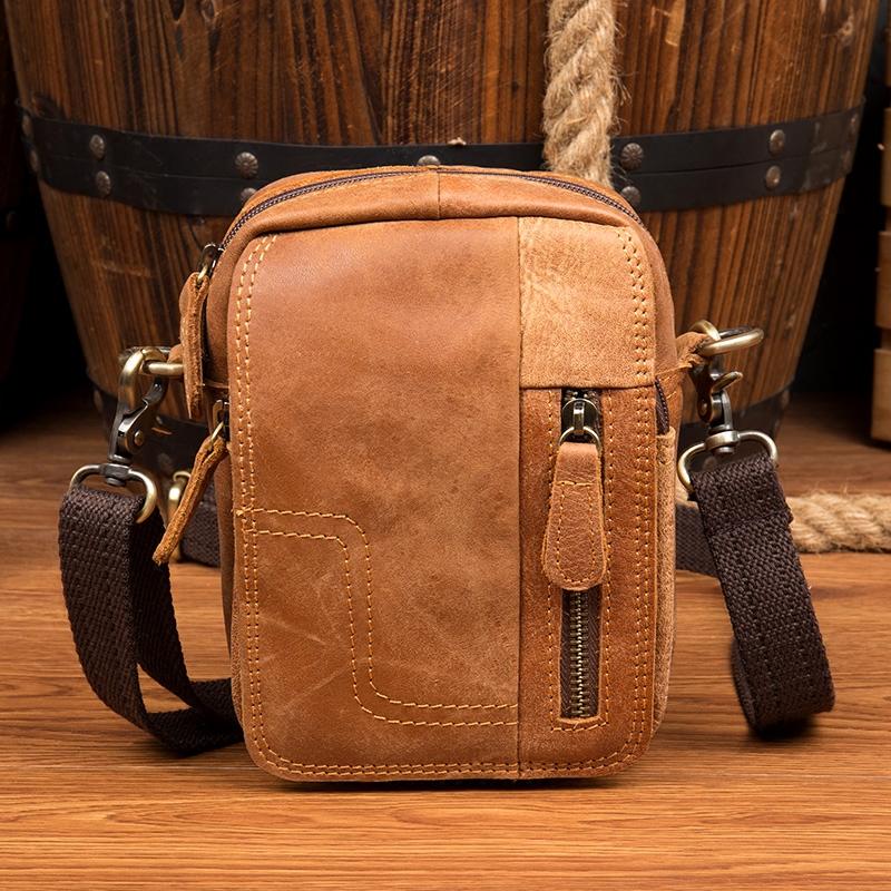 Cool Brown Leather Waist Bag Belt Pouch Small Side Bag Messenger Bag Courier Bags for Men