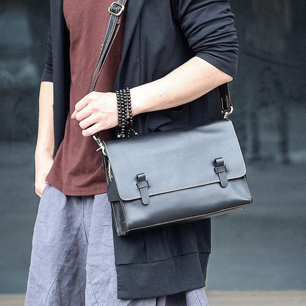Cool Black Leather Mens 10" Postman Bag Small Messenger Bag Black Courier Bags For Men - imessengerbags