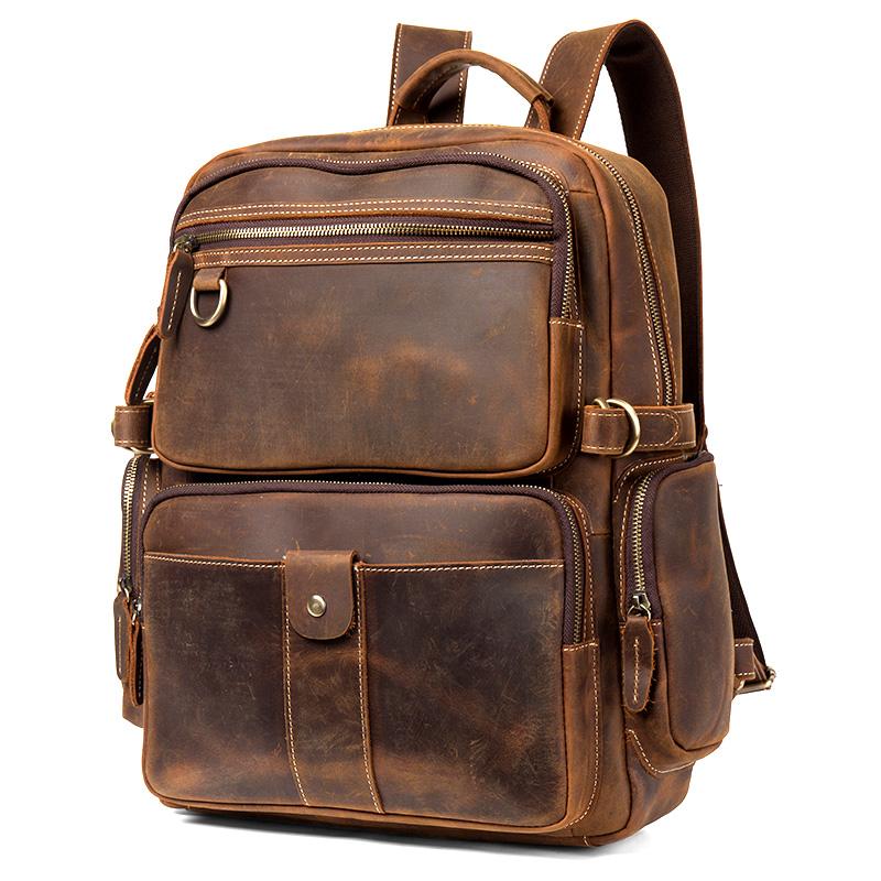 Dark Brown Mens Leather 15-inch Computer Backpacks Fashion Travel Backpacks School Backpacks for men