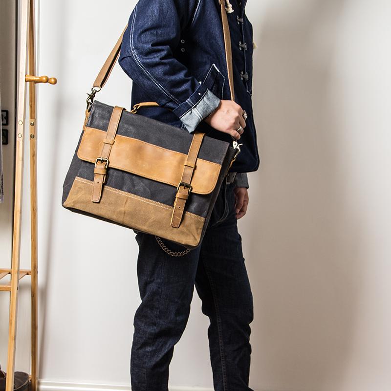 Canvas Leather Mens Side Bag Black 14'' Briefcase Gray Postman Bag Messenger Bag for Men - imessengerbags