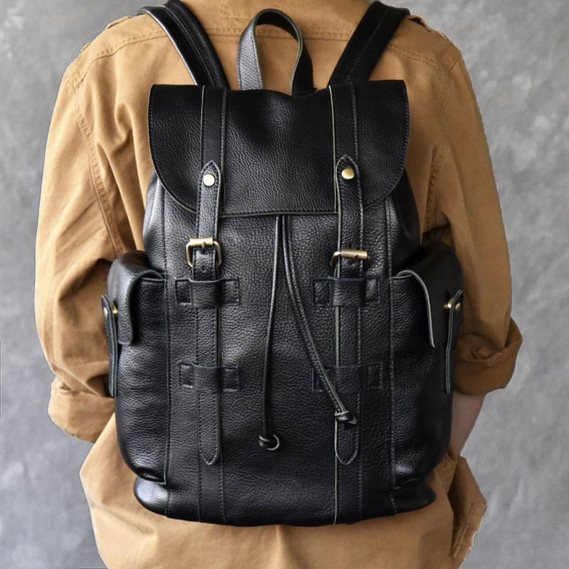 Black Leather Mens 15" Laptop Backpack Hiking Backpack Travel Backpack College Backpack for Men - imessengerbags