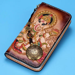 Handmade Leather Mens Clutch Wallet Cool Ganesha Tooled Wallet Long Zipper Wallets for Men - imessengerbags