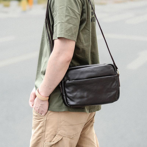 Black Leather Mens Casual Small Courier Bags Messenger Bags Gray Postman Bag For Men - imessengerbags