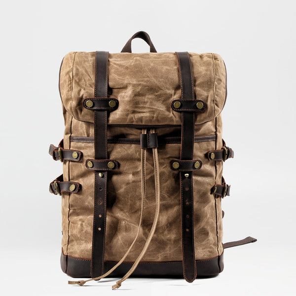 Waxed Canvas Leather Mens 15‘’ Computer Backpack Black Hiking Backpack Travel Backpack for Men - imessengerbags