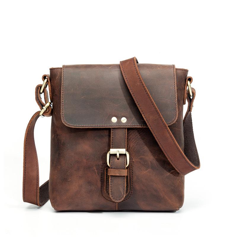 Vintage Brown Leather Men's Vertical Messenger Bag Small Side Bag Vertical Messenger Bag For Men