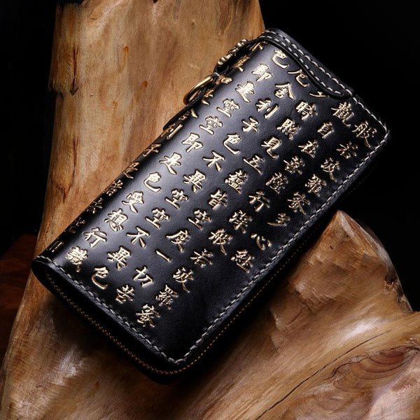 Handmade Leather Mens Chain Prajna Paramita Biker Wallet Cool Leather Wallet Long Phone Wallets for Men - imessengerbags