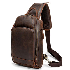 Badass Dark Brown Leather Men's Sling Bag Chest Bag Vintage One shoulder Backpack For Men - imessengerbags