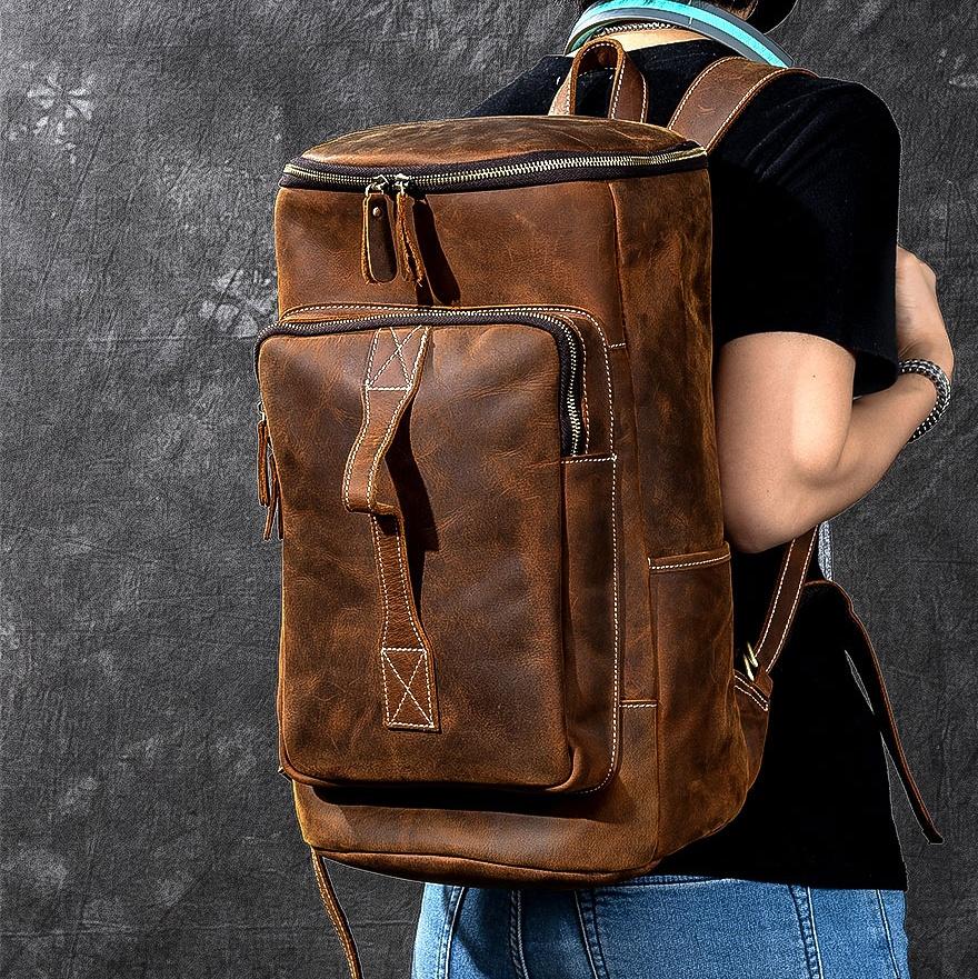 Retro Brown Leather Mens 14" Barrel Laptop Backpack Hiking Backpack Travel Backpack Large Backpack for Men - imessengerbags