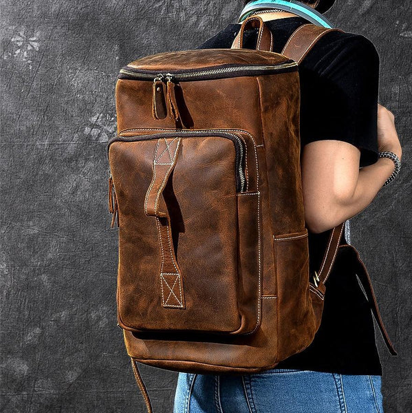 Retro Brown Leather Mens 14" Barrel Laptop Backpack Hiking Backpack Travel Backpack Large Backpack for Men - imessengerbags