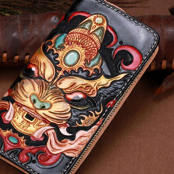 Handmade Leather Tooled Monster Mens Chain Biker Wallet Cool Leather Wallet Zipper Long Phone Wallets for Men - imessengerbags