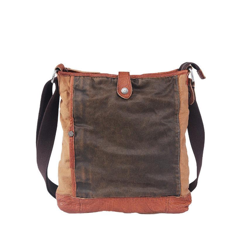 Canvas Leather Mens Distressed Brown Vertical Side Bag Messenger Bag Canvas Courier Bag for Men