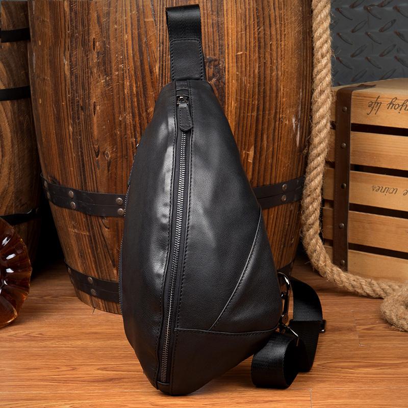 Black Leather Mens 8 inches Cool Sling Bags Crossbody Pack Black Chest Bag One Shoulder Pack for men