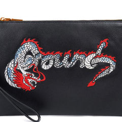 Handmade Leather Mens Chinese Dragon Clutch Cool Slim Wallet Zipper Clutch Wristlet Wallet for Men