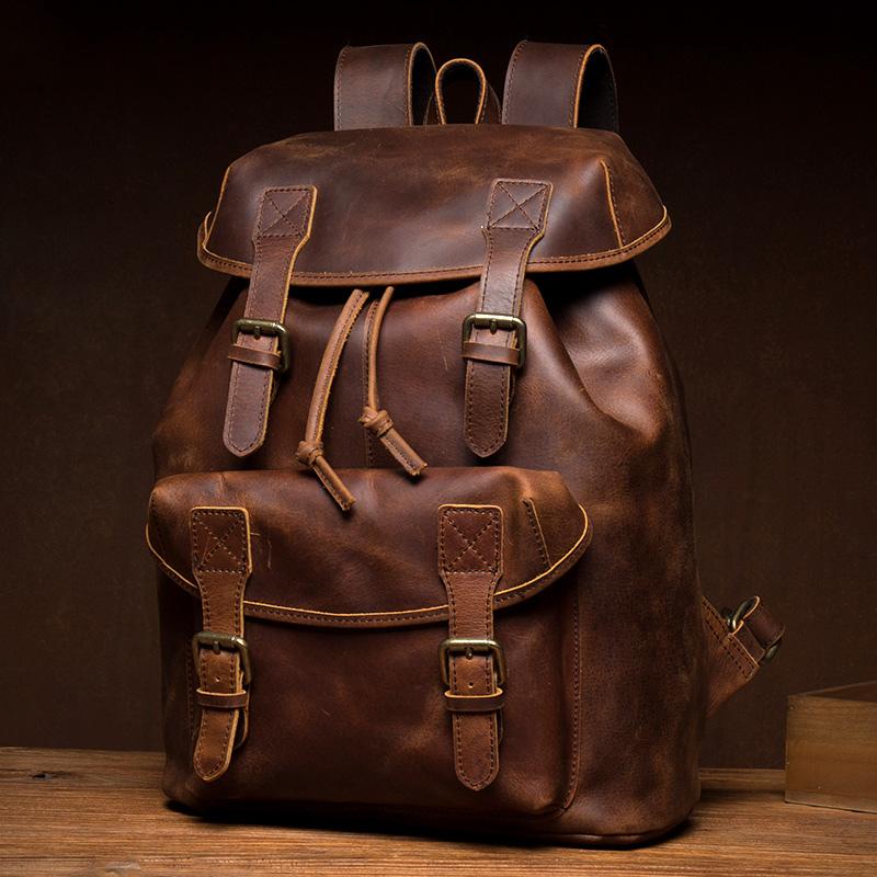 Casual Brown Leather Mens 15 inches Laptop Backpack Travel Backpack Brown School Backpack for Men - imessengerbags