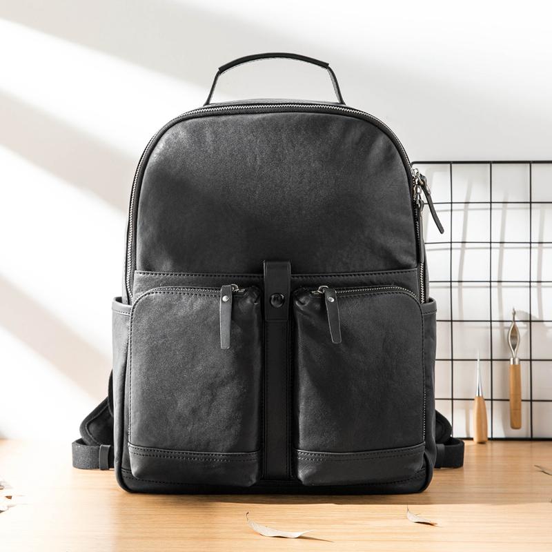 Black Fashion Mens Leather 15-inch Computer Backpacks Black Travel Backpacks College Backpack for men - imessengerbags