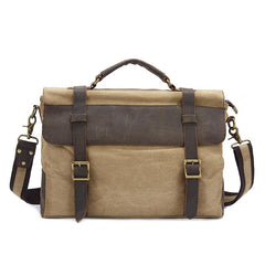 Canvas Leather Mens Vintage Khaki 14'' Briefcase Side Bag Lake Green Messenger Bag Brown Courier Bag for Men - imessengerbags