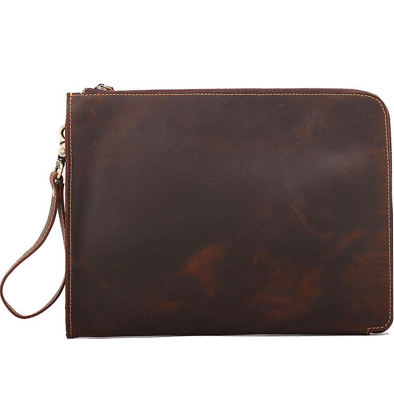 Vintage Business Leather Mens Brown Envelope Bag Document Purse Dark Brown Clutch For Men - imessengerbags