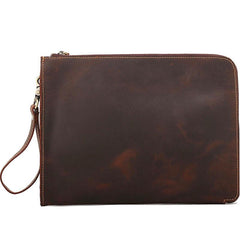 Vintage Business Leather Mens Brown Envelope Bag Document Purse Dark Brown Clutch For Men - imessengerbags
