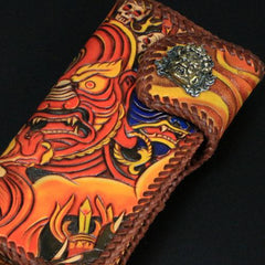 Handmade Mens Tooled God Mahakala Leather Chain Wallet Biker Trucker Wallet with Chain
