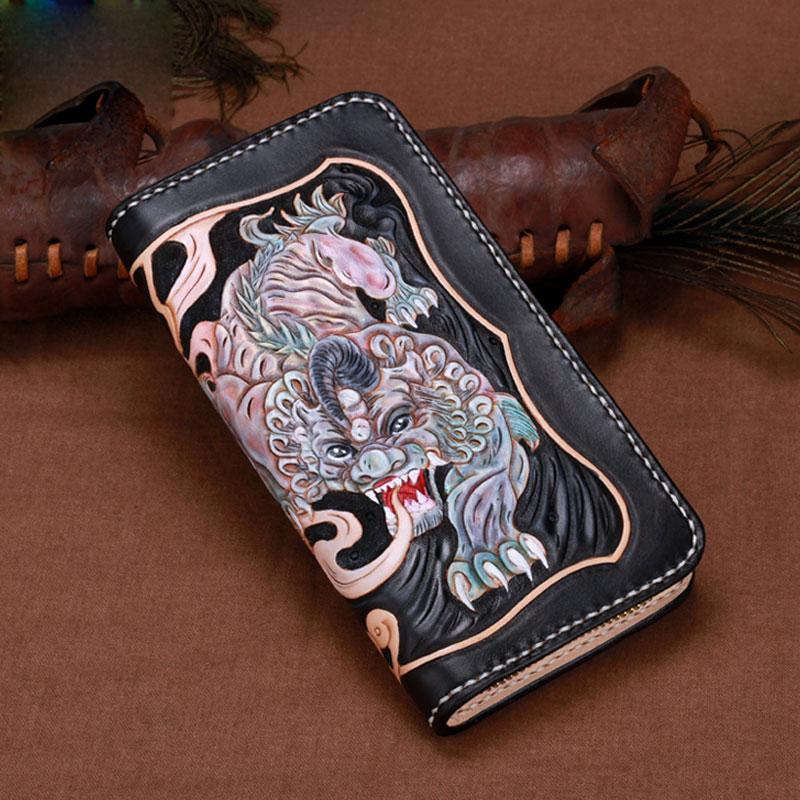 Handmade Leather Mens Clutch Wallet Cool Pixiu Tooled Wallet Long Zipper Wallets for Men - imessengerbags