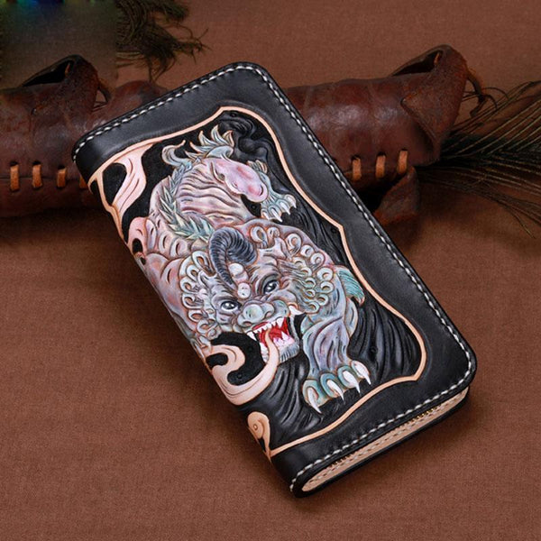 Handmade Leather Mens Clutch Wallet Cool Pixiu Tooled Wallet Long Zipper Wallets for Men - imessengerbags