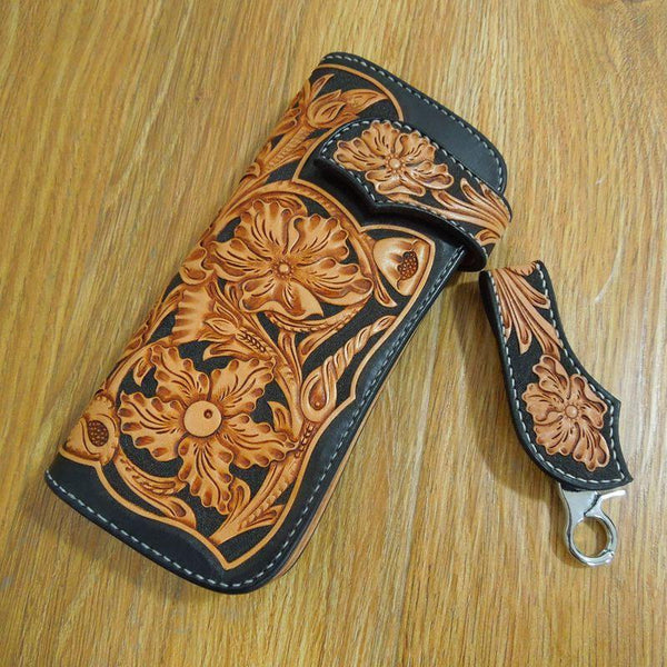 Handmade Leather Biker Wallet Tooled Floral Mens Cool Chain Wallet Trucker Wallet with Chain - imessengerbags