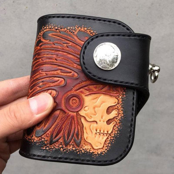 Handmade Leather Tooled Skull Indian Chief Biker Wallet Mens Cool Short Chain Wallet Trucker Wallet with Chain - imessengerbags