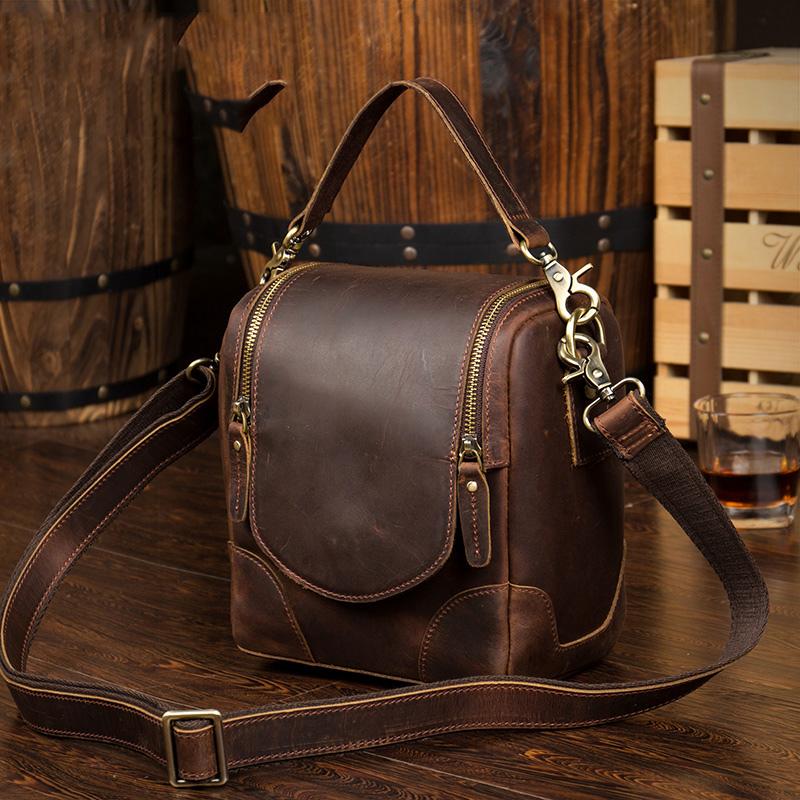 Dark Brown Leather Mens Small SLR Camera Bag Shoulder Bag Messenger Bag For Men - imessengerbags