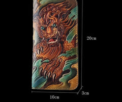 Handmade Leather Chinese Lion Tooled Mens Long Wallet Cool Leather Wallet Clutch Wallet for Men - imessengerbags