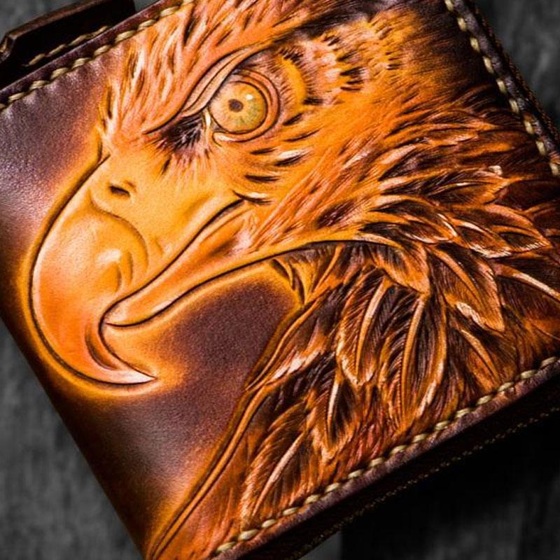 Handmade Leather Tooled Eagle Mens billfold Wallet Cool Leather Wallet Slim Wallet for Men - imessengerbags