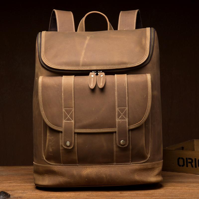 Casual Brown Mens Leather 15-inch Computer Backpacks Brown Travel Backpack School Backpacks for men - imessengerbags