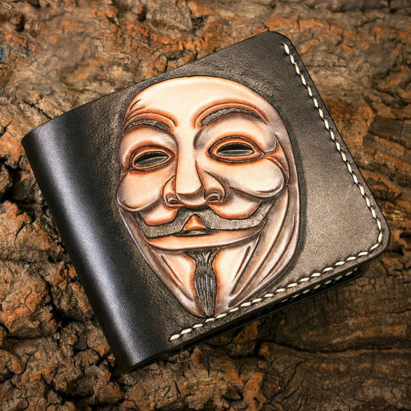 Handmade Leather V for Vendetta Tooled Mens billfold Wallet Cool Leather Wallet Slim Wallet for Men - imessengerbags