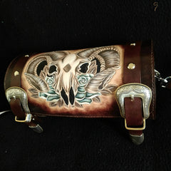 Cool Handmade RAM Skull Tooled Leather Mens Biker Saddle Bag Biker Barrel Side Bag Messenger Bag For Men