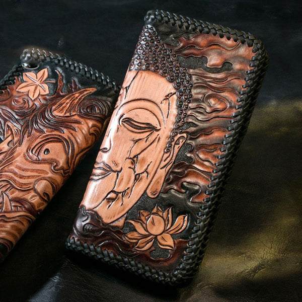 Handmade Leather Mens Clutch Wallet Tooled Cool Buddha Wallet Long Zipper Wallets for Men - imessengerbags