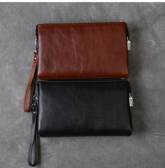 Black Leather Mens Brown Business Long Wallet Clutch Bag Wristlet Wallet For Men - imessengerbags