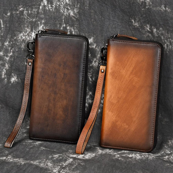 Vintage Brown Leather Men's Clutch Long Wallet Tan Zipper Wristlet Wallet For Men - imessengerbags