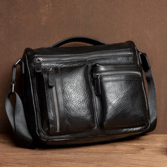 Black Leather 10 inches Mens Small Messenger Bag Black Side Bag Courier Bag Postman Bag for Men