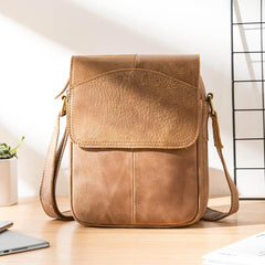 Camel Leather Mens Vertical Mini Side Bag Small Messenger Bags Courier Bag for Men