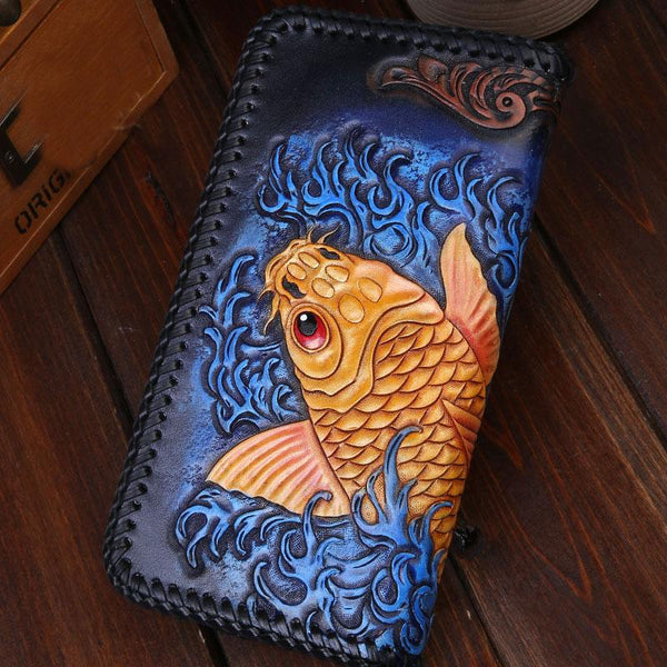 Handmade Leather Mens Clutch Wallet Tooled Cool Carp Wallet Long Zipper Wallets for Men - imessengerbags