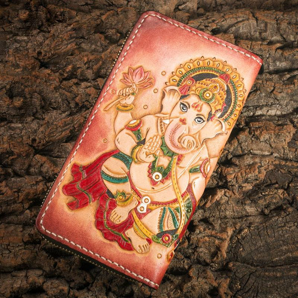 Handmade Leather Mens Clutch Wallet Tooled Cool Ganesha Wallet Long Zipper Wallets for Men - imessengerbags