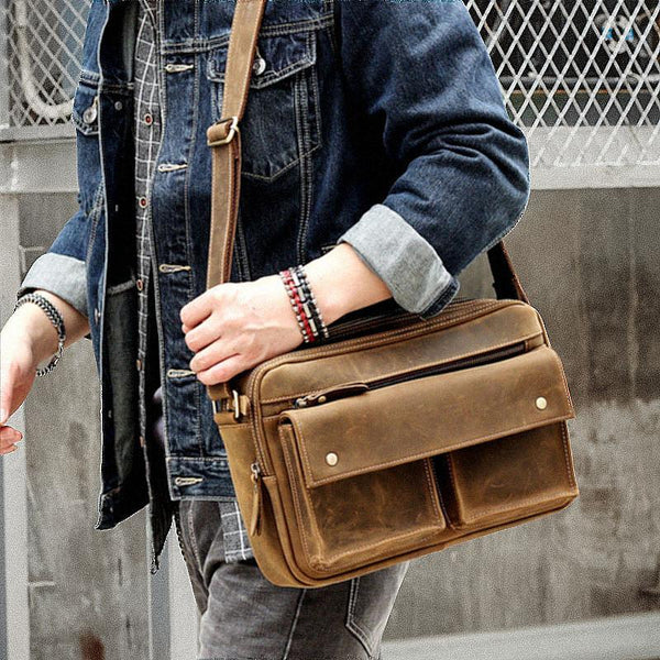 Black Leather Mens Casual 10" Courier Bags Messenger Bag Small Postman Bags For Men - imessengerbags