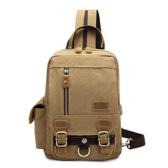 Canvas Leather Mens Mini Sling Bag Khaki Backpack One Shoulder Bag Green Chest Bag for Men - imessengerbags