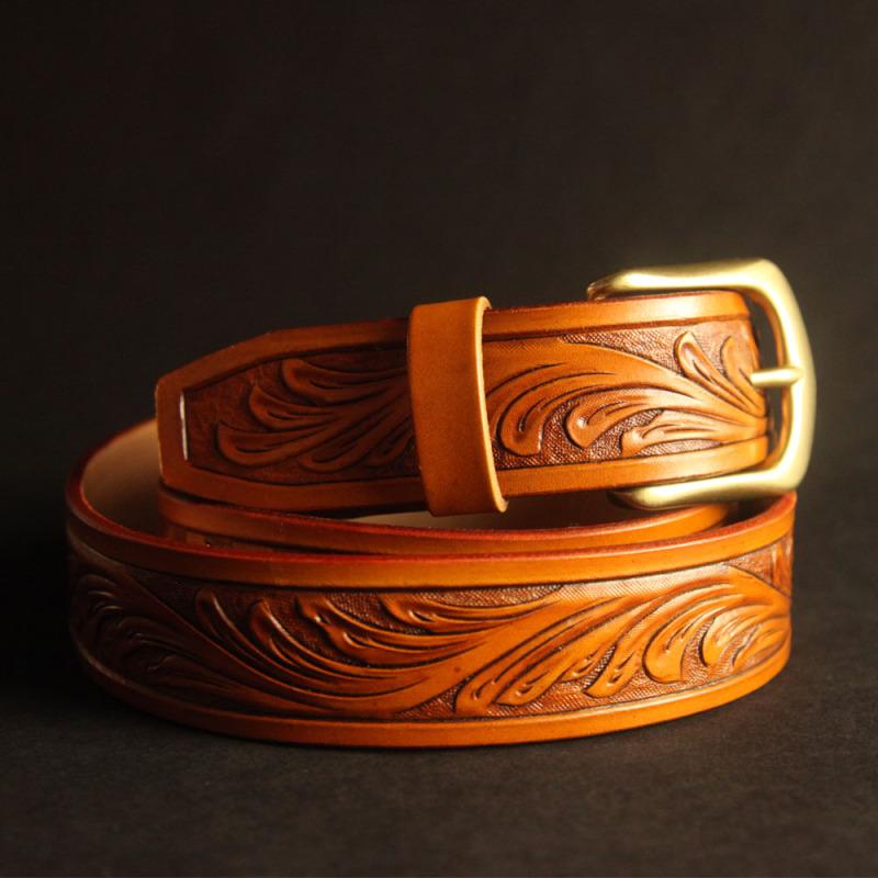 Handmade Vintage Yellow Brown Floral Tooled Leather Mens Belt Carved Leather Belt for Men
