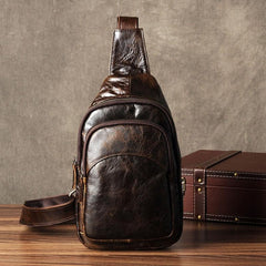 Genuine Leather Mens Cool Chest Bag Sling Bag Crossbody Bag Travel Bag Hiking Bag for men