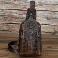 Crocodile Pattern Leather Backpack Men's Sling Bag Chest Bag Coffee One shoulder Backpack Sling Pack For Men